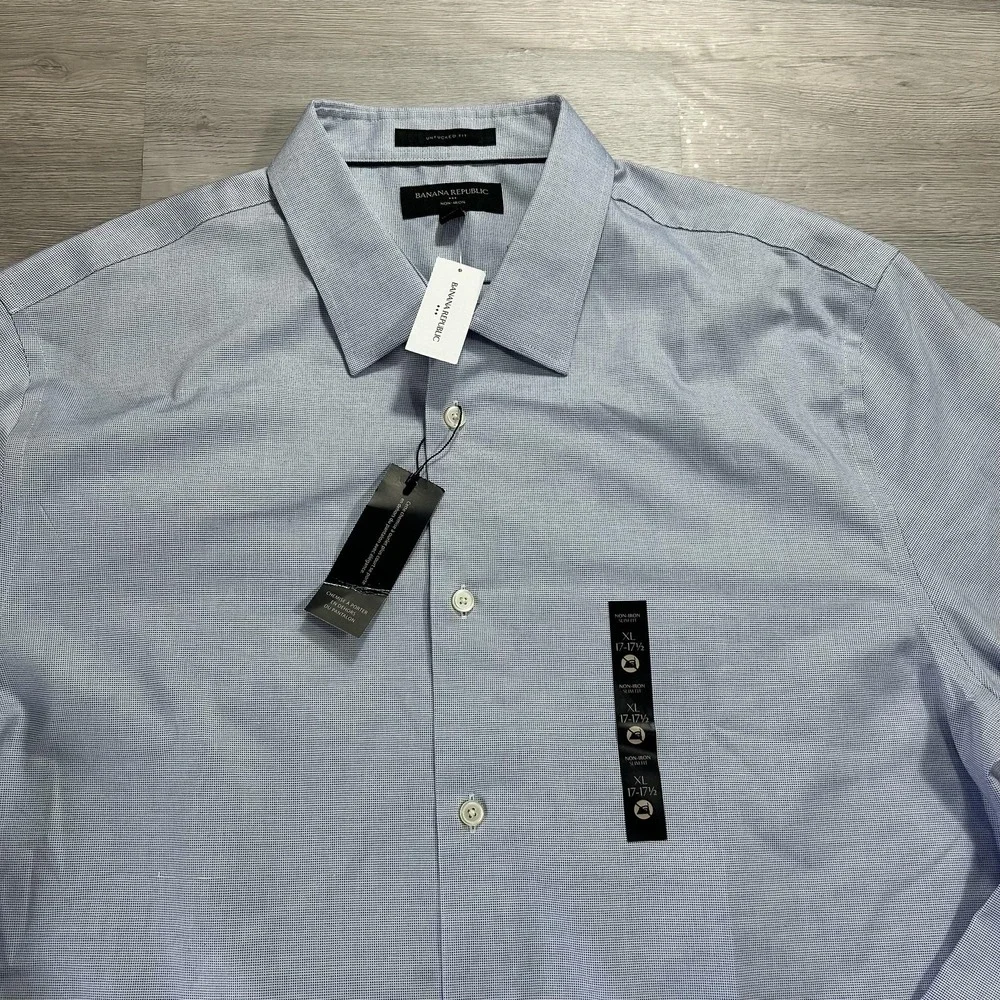 NEW Banana Republic Dress Shirt Mens XL Blue Check Non Iron Long Sleeve Untucked